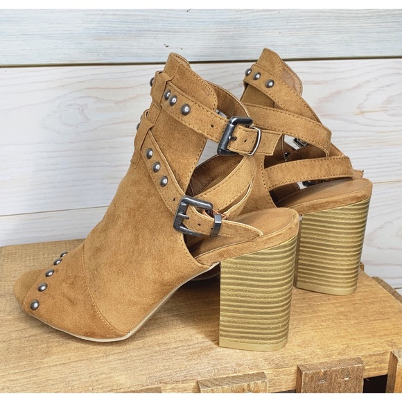 Faux Brown Suede Open Toe Bootie with Studs - Picture 3 of 5